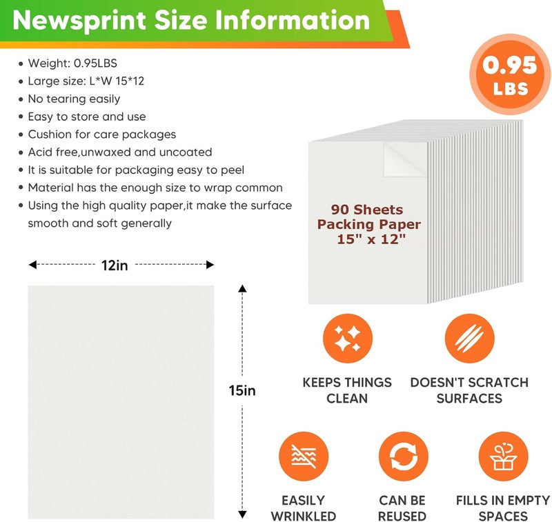 Donyang 15" x 12" Packing Paper for Moving Supplies, 90 Sheets Newsprint Paper, Newspaper Wrapping Paper for Arts, Crafts, Packing Boxes for Moving, Shipping, Packaging, Packing Materials, Glasses Box Filler - Image 2